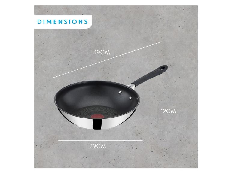 Wok s rukoväťou, rozmery: 49 cm dĺžka, 29 cm priemer, 12 cm výška.