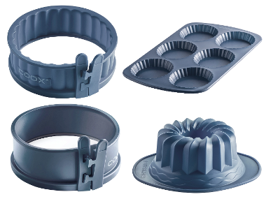 Coox Forma na koláč + Forma na bábovku + Miniforma na tortu so skleným dnom + Forma na tartalette, modrosivá