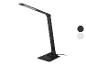Čierna, nastaviteľná LED stolná lampa s hranatou základňou a dotykovým ovládacím panelom.