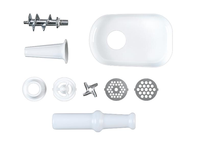 Komponenty mlynčeka na mäso, vrátane závitovky, podnosu, diskov a príslušenstva.