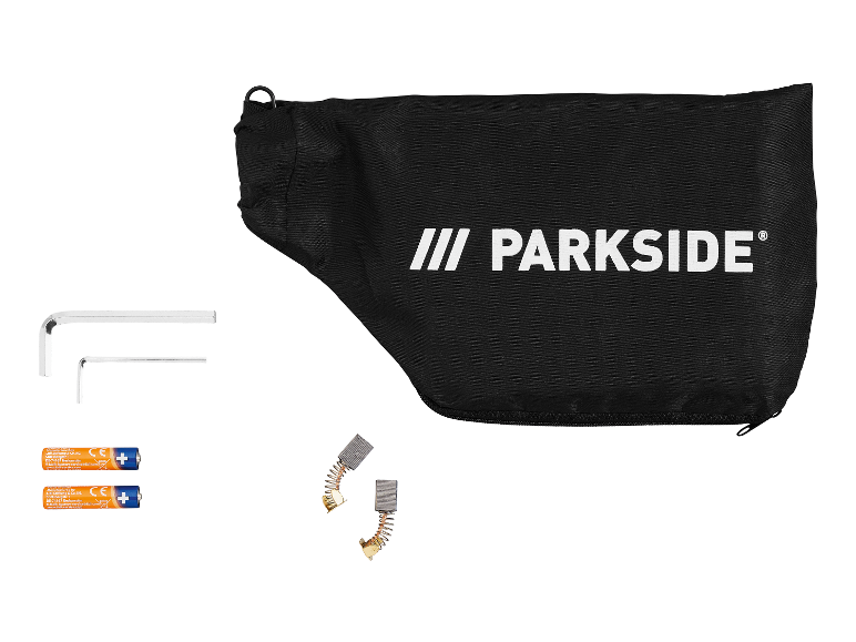 Príslušenstvo Parkside: taška, uhlíkové kefky, imbusové kľúče a batérie.