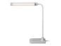 Biela LED stolná lampa s flexibilným ramenom a obdĺžnikovou základňou.