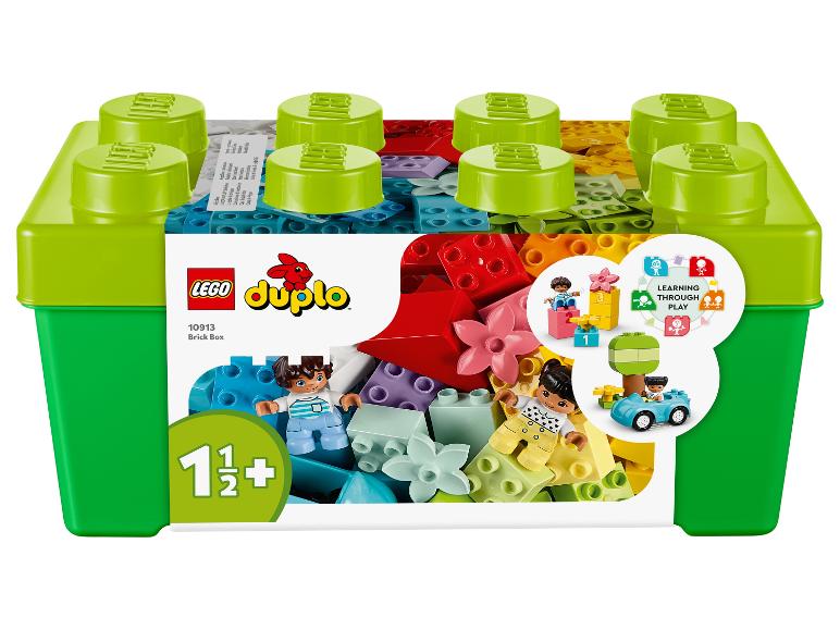 LEGO DUPLO 10913 tehlová krabica s farebnými dielikmi a figúrkami.