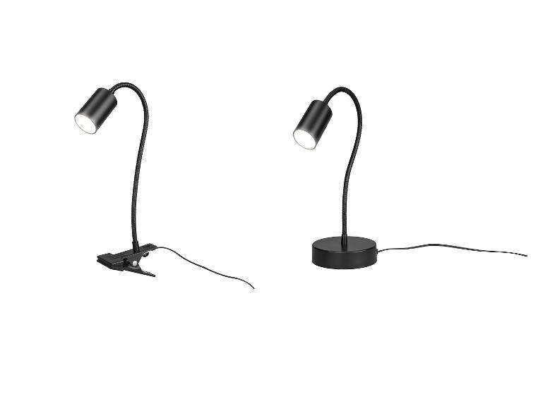 Dve čierne LED lampy s flexibilným ramenom, jedna s klipom, druhá s okrúhlou základňou.