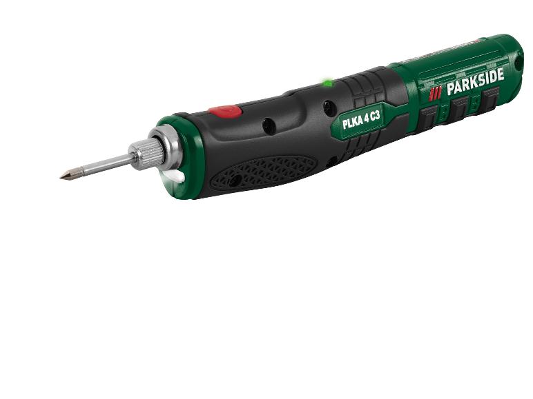 Zeleno-čierna akumulátorová spájkovačka s kovovým hrotom a LED svetlom, s textom „PLKA 4 C3“.