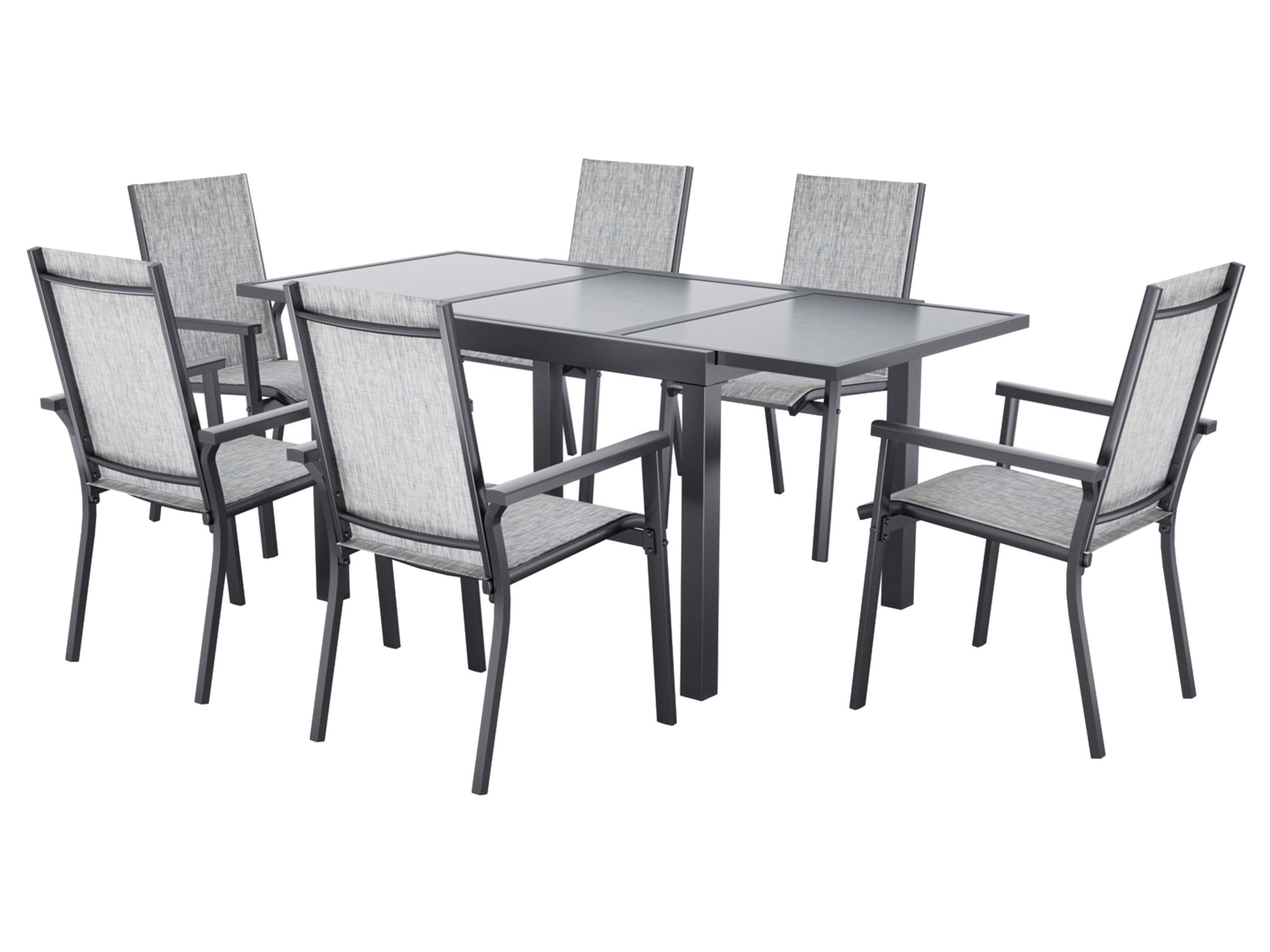 E-shop LIVARNO® Hliníkové stohovateľné kreslo Houston, 6 kusov, svetlosivá + Hliníkový rozťahovací záhradný stôl Houston/Toronto