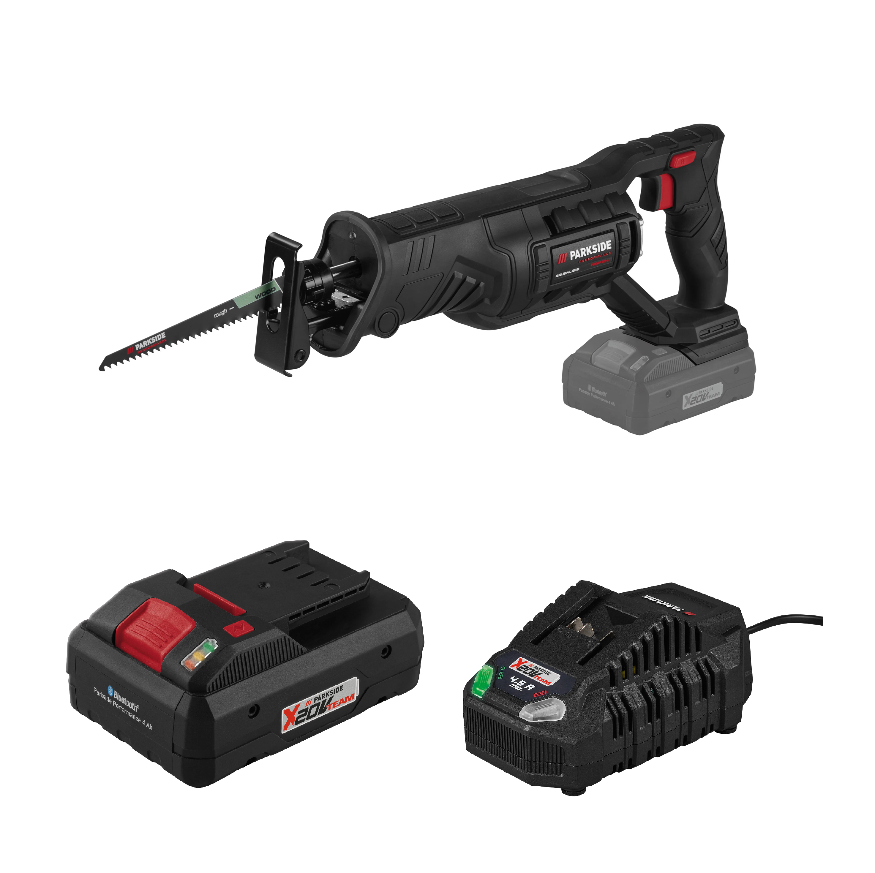 PARKSIDE PERFORMANCE® Aku chvostová píla 20 V PSSAP 20-Li E6 + Smart akumulátor 20 V/4 Ah + Rýchlonabíjačka akumulátora 20 V/4,5 A