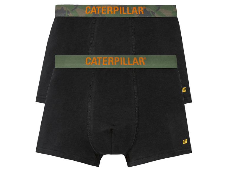Dve čierne trenírky Caterpillar s kamuflážnym a zeleným pruhom.