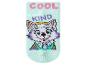 Mätovo zelená ponožka s kresleným psom a nápismi „COOL“ a „KIND“.