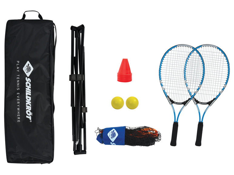 Sada na tenis Schildkröt s dvoma raketámi, sieťou, loptičkami a kužeľmi.