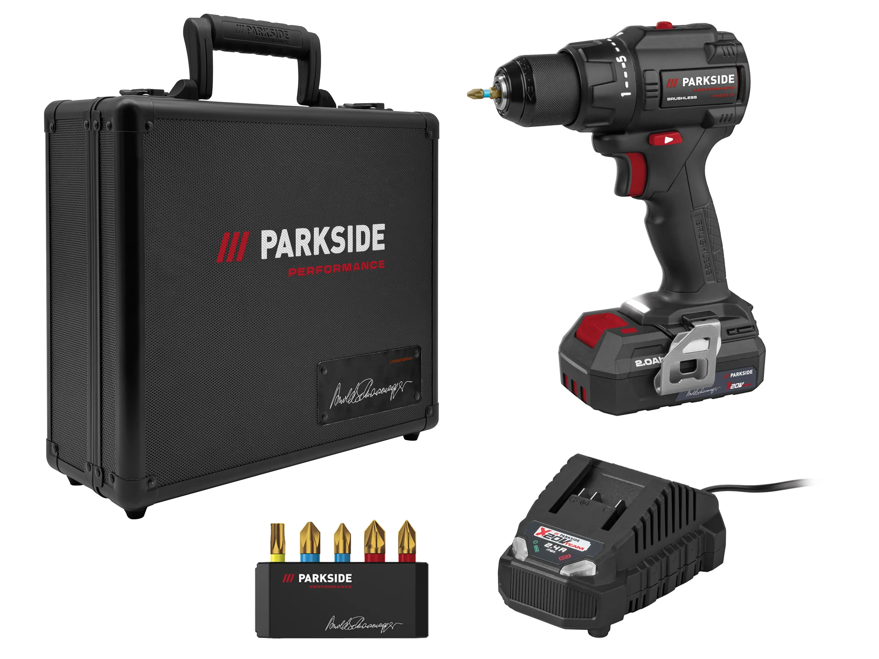 PARKSIDE PERFORMANCE® Aku vŕtací skrutkovač 20 V PPABSS 20 Li A1: Limitovaná edícia s podpisom Arnolda Schwarzeneggera