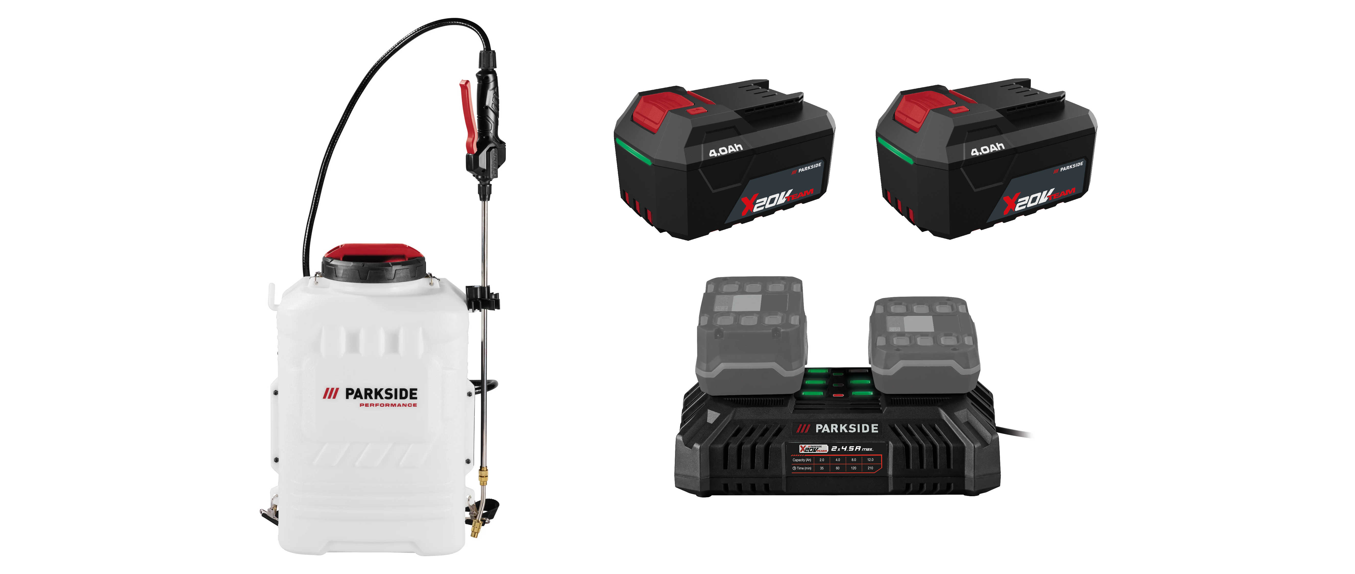 PARKSIDE PERFORMANCE® Aku tlakový postrekovač na chrbát 20 V PPARDS 16 D3 + Akumulátor 20 V/4 Ah, 2 kusy + Dvojitá nabíjačka 20 V/4,5 A