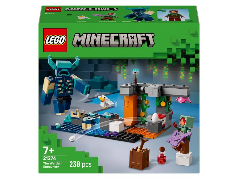 LEGO Minecraft súprava The Warden Encounter s 238 dielikmi, s figúrkami a hernou scénou.