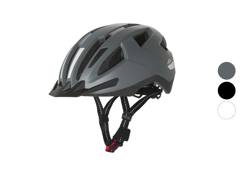 Sivá cyklistická prilba Crivit so štítom a nastaviteľnými popruhmi.