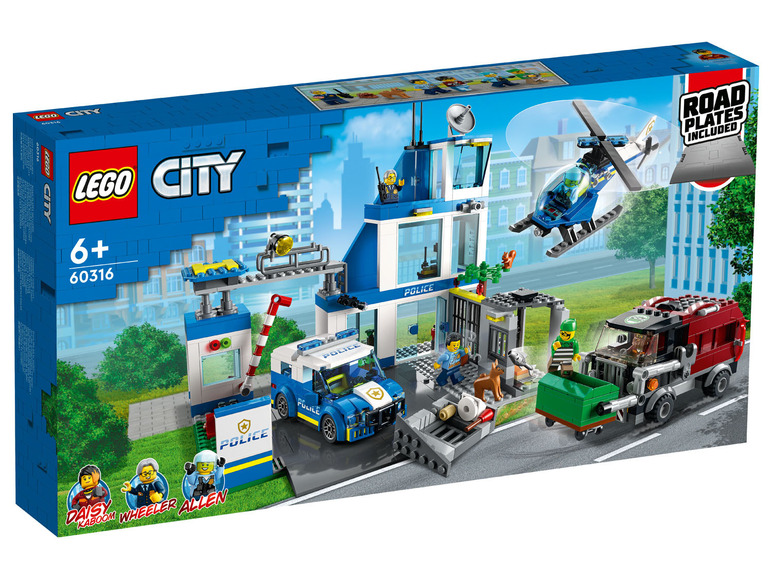 LEGO City policajná stanica s helikoptérou, policajným autom a väzenským autom.