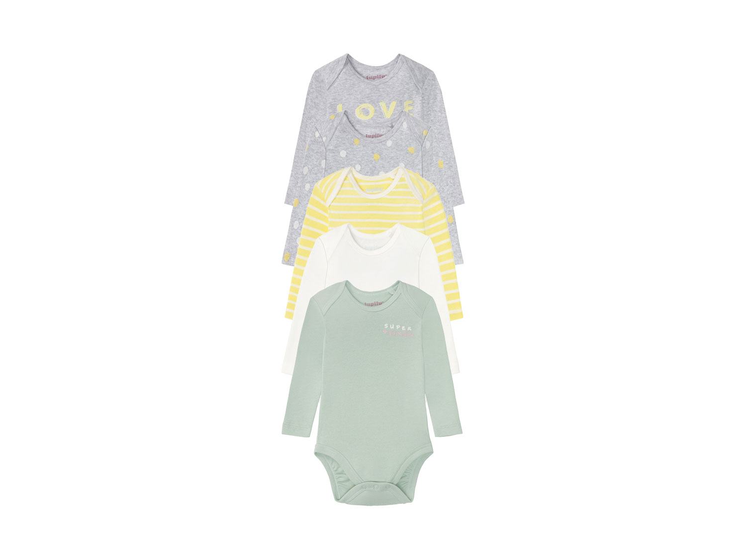 lupilu® Dievčenské body s dlhým rukávom pre bábätká, 5 kusov (50/56, sivá/žltá/mentolová/biela)