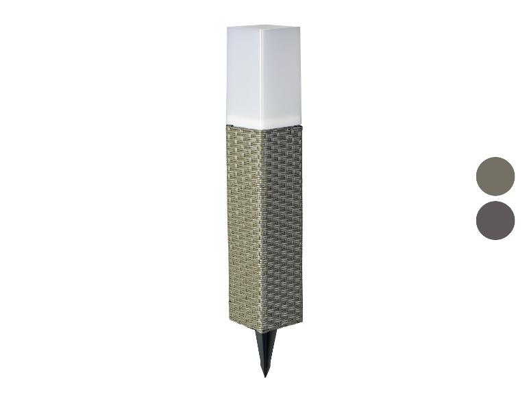 LED solárne svetlo s pleteným sivým a béžovým puzdrom, so zemným hrotom.