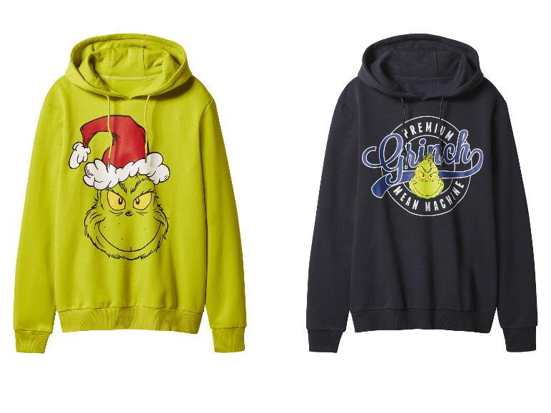 Dve Grinch mikiny s kapucňou: jedna limetkovo zelená s Grinchom v vianočnej čiapke, druhá tmavomodrá s logom Grinch.
