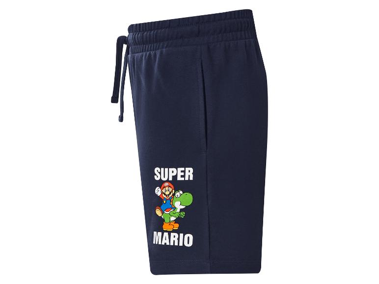 Tmavomodré šortky s potlačou postavy z videohry a nápisom „SUPER MARIO“