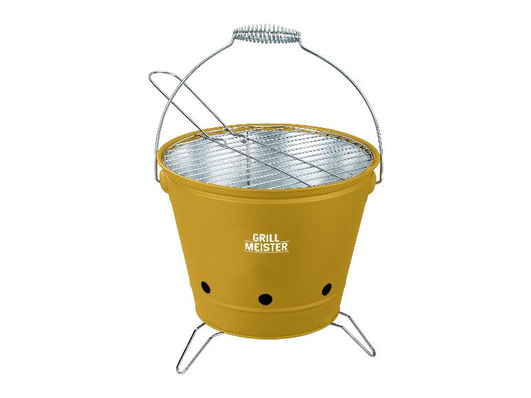 Grill Grill Meister: žltý kýbel s roštom a príslušenstvom.