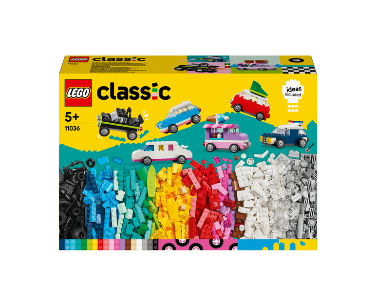 Sada LEGO Classic s autíčkami a množstvom farebných kociek.