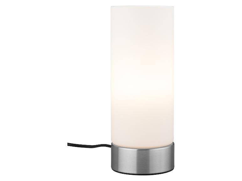 Stolná lampa s valcovým bielym tienidlom a kovovou základňou