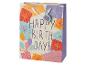 Narodeninová darčeková taška s motívmi darčekov a balónov, s textom „HAPPY BIRTHDAY!“