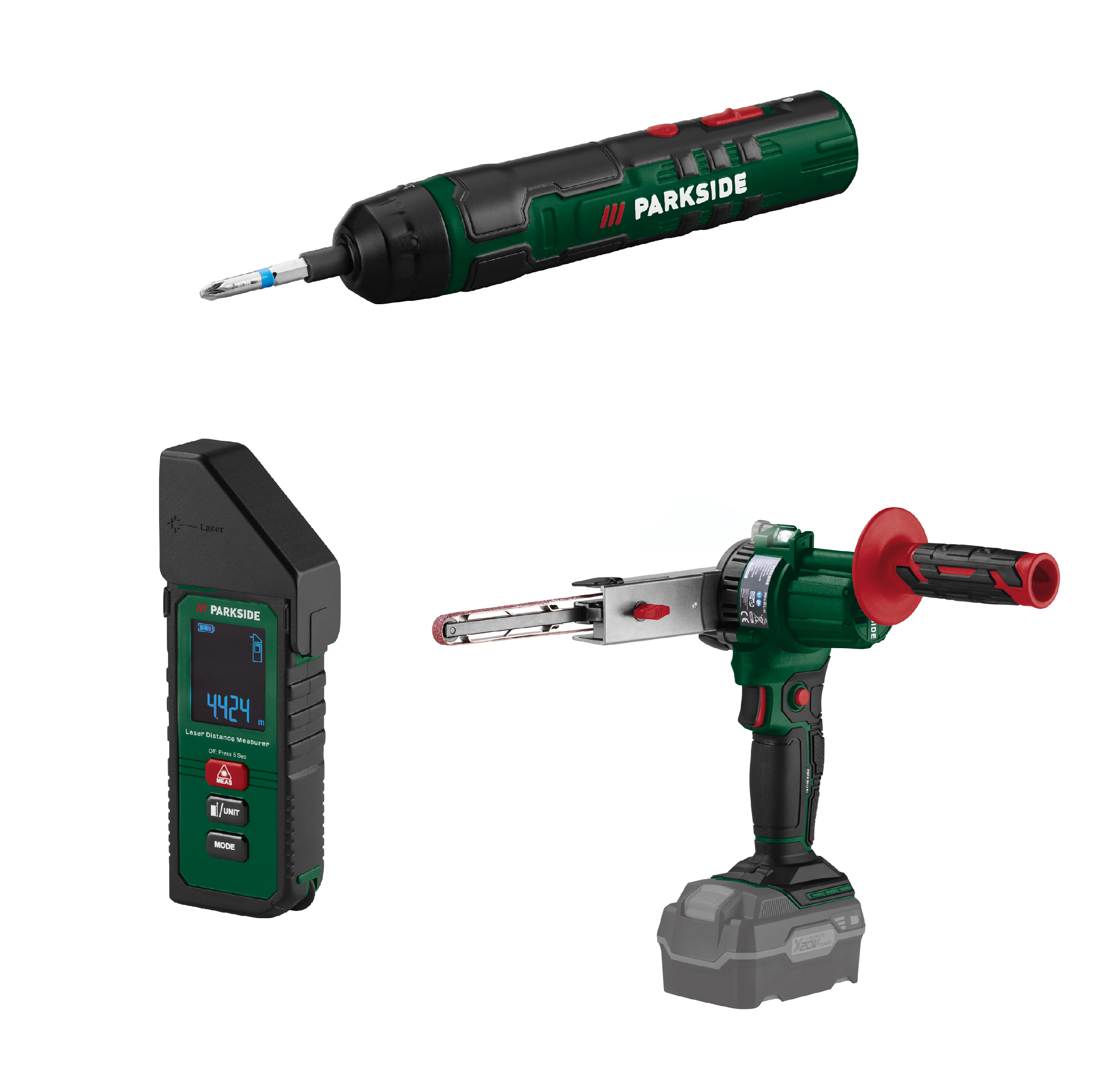 PARKSIDE® Aku skrutkovač 4 V + Laserový merač vzdialenosti + Aku pásový pilník 20 V – bez akumulátora