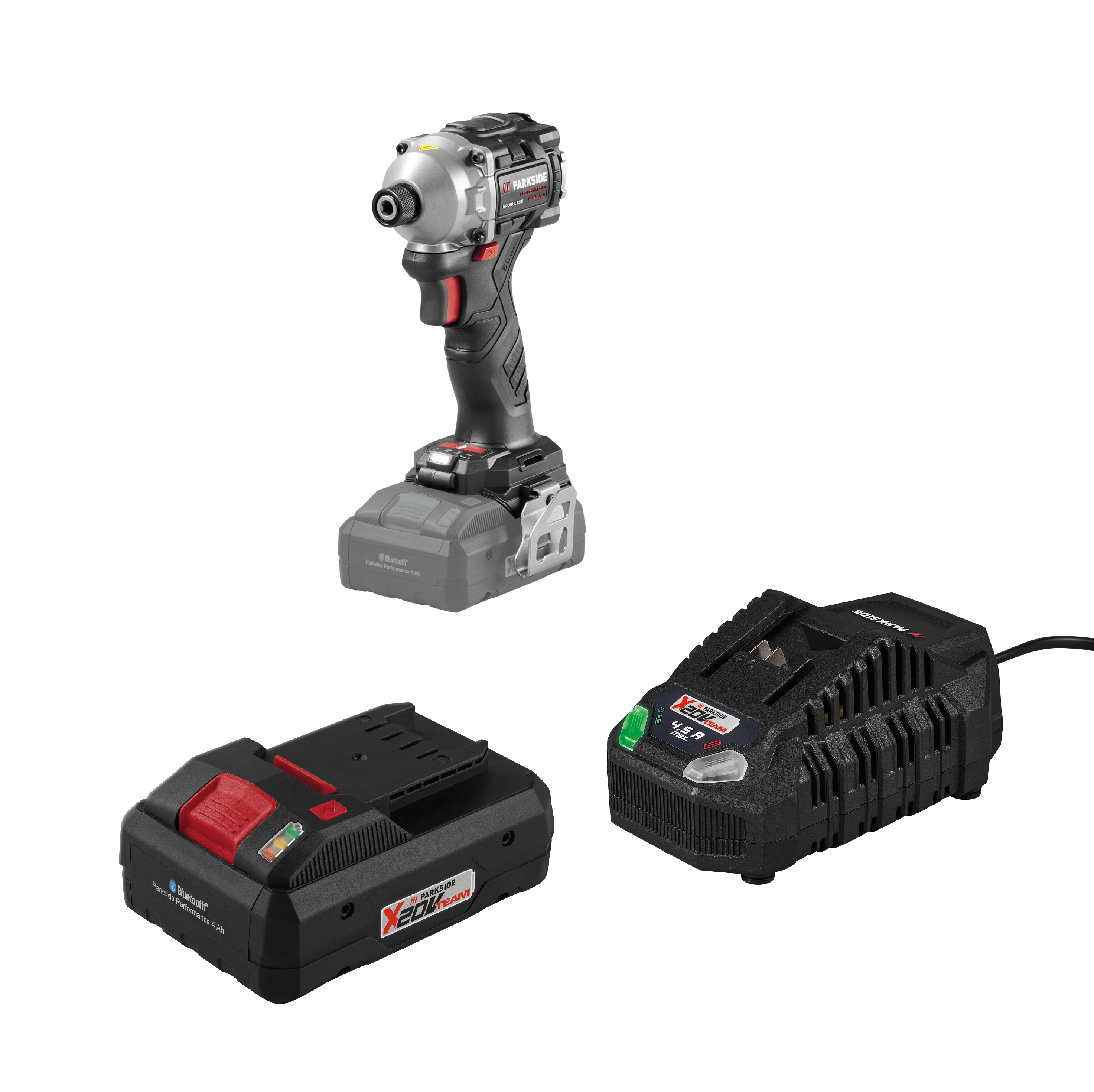 PARKSIDE PERFORMANCE® Aku rázový uťahovák PDSSAP 20-Li D3 + Smart akumulátor 20 V/4 Ah + Rýchlonabíjačka akumulátora 20 V/4,5 A