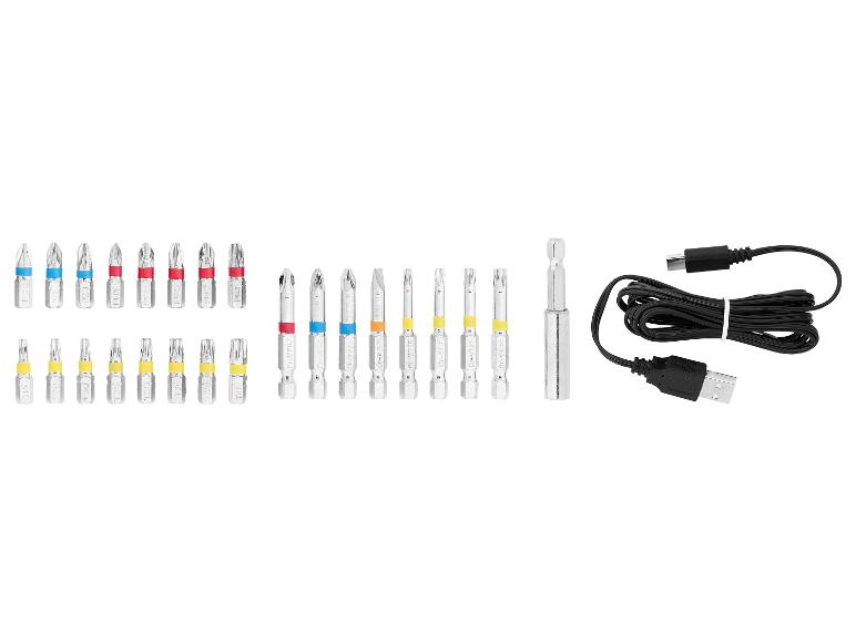 Sada skrutkovacích bitov s rôznymi hrotmi a USB káblom