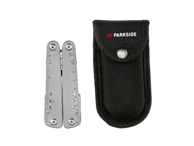 Multitool Parkside z nehrdzavejúcej ocele s čiernym puzdrom.