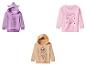 Fialová mikina My Little Pony s kapucňou, ružová mikina Peppa Pig a béžová mikina Paw Patrol Skye s kapucňou.