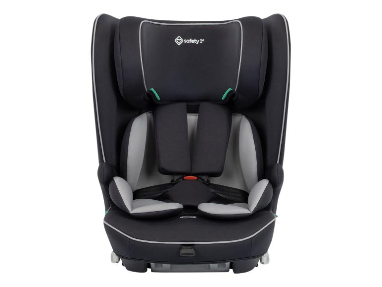 Čierna detská autosedačka so sivými akcentmi a päťbodovým bezpečnostným pásom.