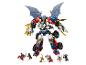 LEGO Ninjago robot s krídlami, sprevádzaný šiestimi minifigúrkami so zbraňami.