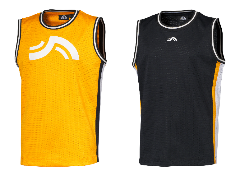 Dve basketbalové vesty Crivit, jedna žltá a jedna čierna.