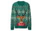 Zelený vianočný sveter s motívom jeleňa a snehových vločiek.