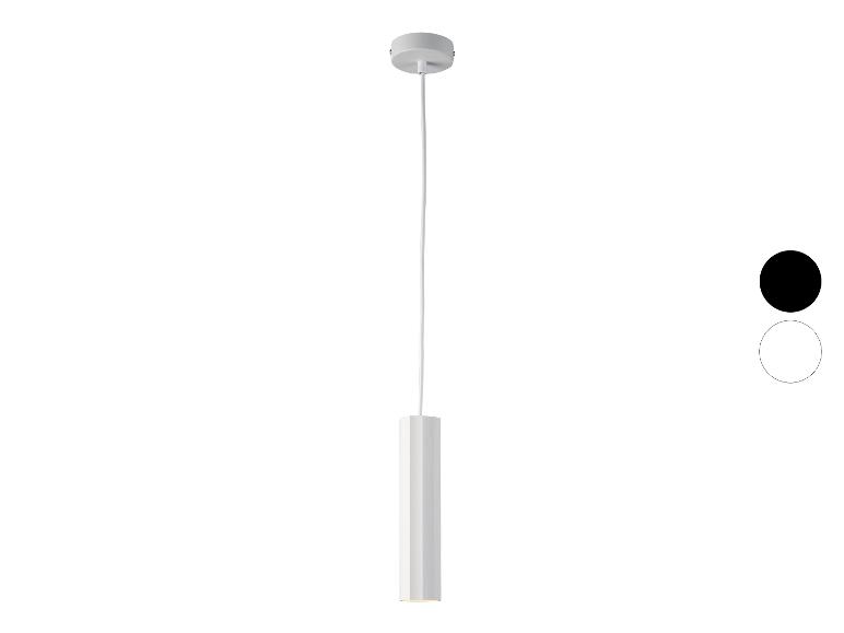 Biela valcová závesná lampa.