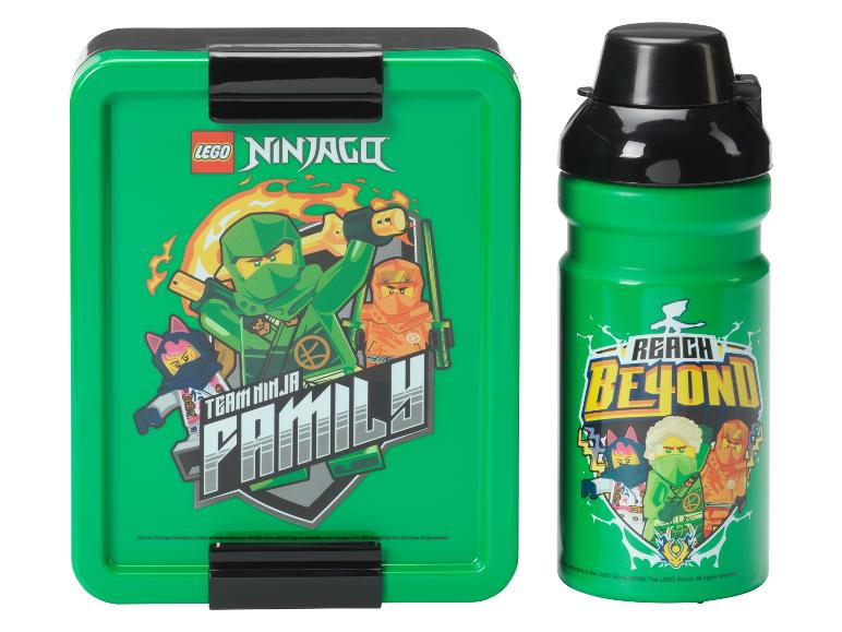 Zelená LEGO Ninjago obedová krabička a fľaša na pitie: postavičky Ninja a téma Reach Beyond.
