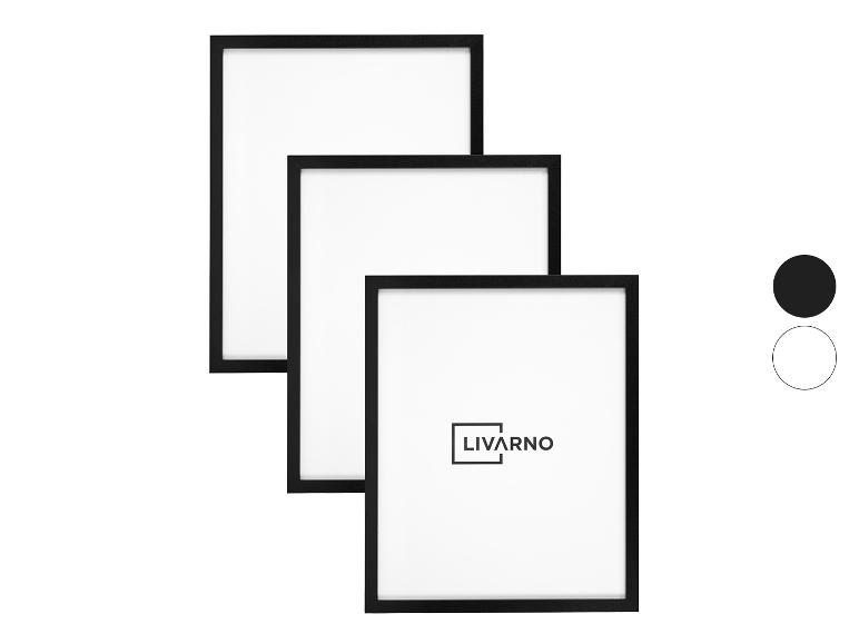 Tri čierne fotorámiky s logom LIVARNO a vzorkami farieb