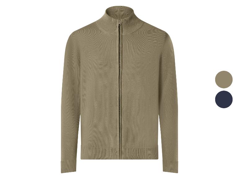 Khaki pletená bunda na zips s hnedými a tmavomodrými farebnými možnosťami.