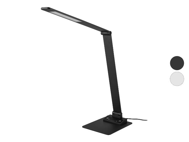 Čierna, nastaviteľná LED stolná lampa s hranatou základňou a dotykovým ovládacím panelom.