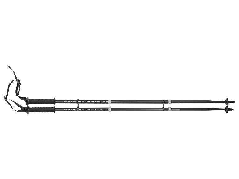 Pár čiernych palíc na nordic walking s nastaviteľnými popruhmi a značkami dĺžky.