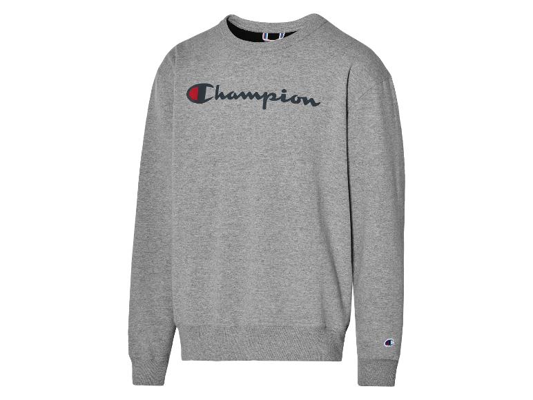 Sivá mikina Champion s vyšívaným logom.