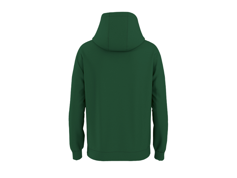 Tmavozelená mikina s kapucňou, zadný pohľad.