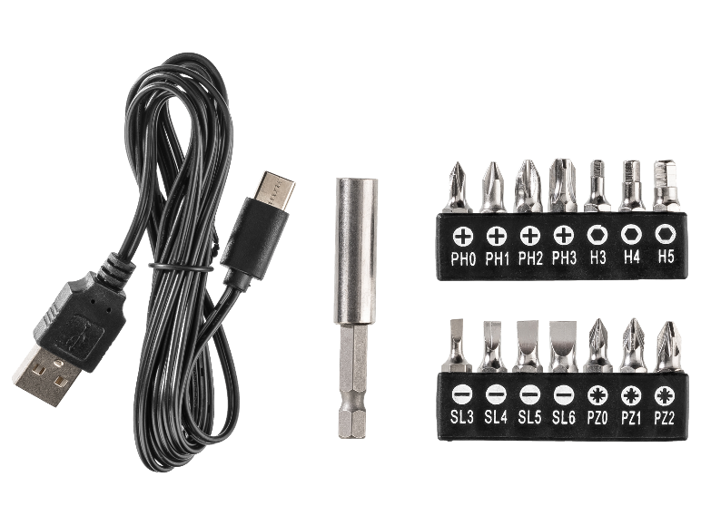 USB nabíjací kábel a sada magnetických bitov pre skrutkovač.