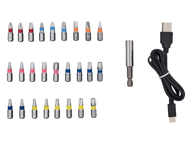 Sada skrutkovacích bitov s rôznymi hlavami, magnetickým držiakom a nabíjacím káblom USB.