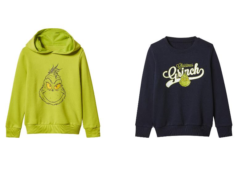 Dve mikiny Grinch: jedna zelená s tvárou Grincha, druhá tmavomodrá s textom „Christmas Grinch“.
