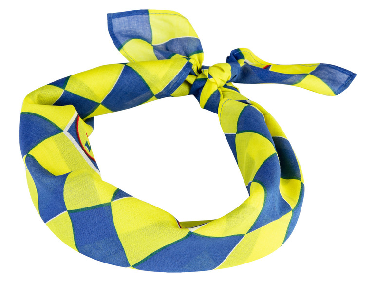 Žltá a modrá bandana s kockovaným vzorom.