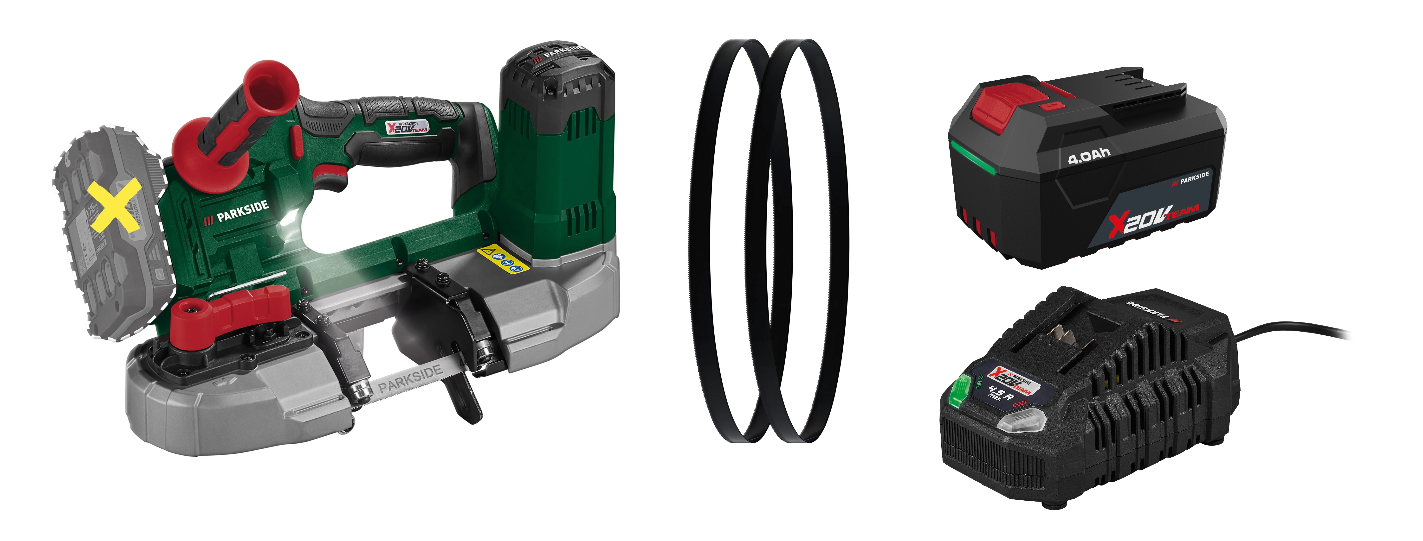 PARKSIDE® Aku pásová píla 20 V PMBA 20-Li A1 + Pílový pás, 2 kusy + Akumulátor 20 V/4 Ah PAP 204 A1 + Rýchlonabíjačka 20 V/4,5 A