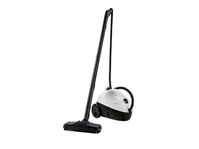 Biely parný čistič Karcher s dlhou rukoväťou a kefou.